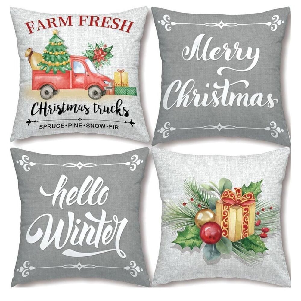 NEW SET OF 4 Christmas Throw Pillow Covers 18x18” Linen Look Pillowcase